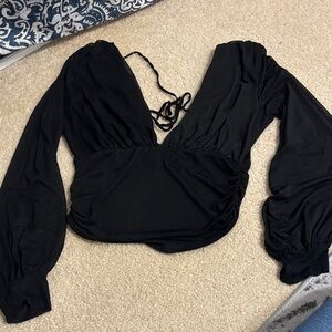 Black Deep V-Neck Long Sleeve Wrap Blouse